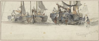 Fiskerbåde på stranden i Scheveningen af Willem Roelofs (I)