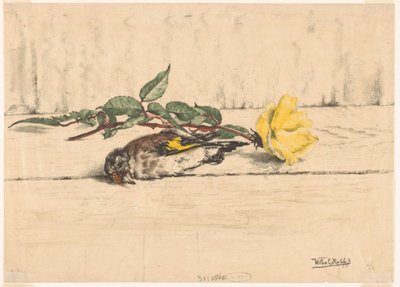 Død guldfink liggende ved siden af ​​en rose af Willem Roelofs (II) (signed by artist)