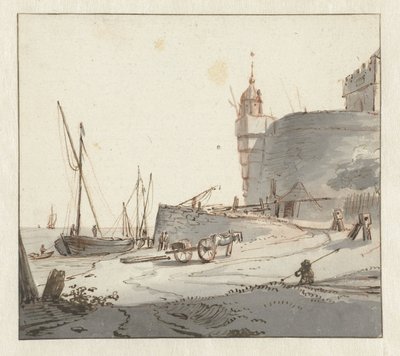 Udsigt over en havn nær en bymur af Willem Schellinks