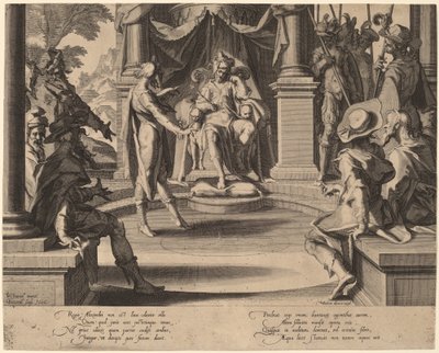 Alexander den Store sidder i retfærdigheden af Willem Swanenburgh, after Joachim Anthonisz Wtewael