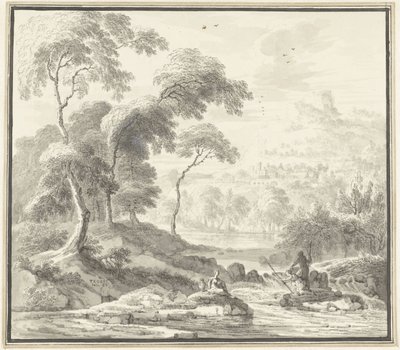 Idyllisk bakkelandskab med kvinder ved et vandløb af Willem Troost (I)