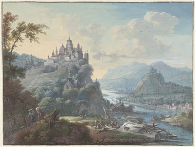 Flodlandskab med en by på en bakketop af Willem Troost (I)