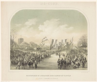 skøjteløbskonkurrence Isklub / Speedskating af mænd og kvinder afholdt i Leeuwarden den 22. februar 1855 (titel på objekt) af Willem Troost (II)