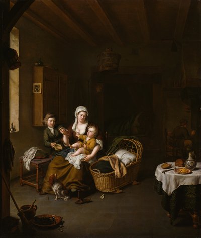 En mor fodrer sit barn (Den glade mor) af Willem Van Mieris