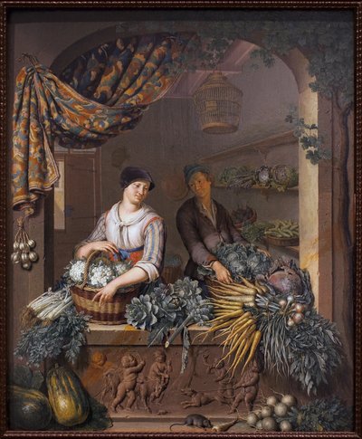 En grøntsagssælger. Maleri af Willem van Mieris (1662-1747), olie på træ af Willem Van Mieris
