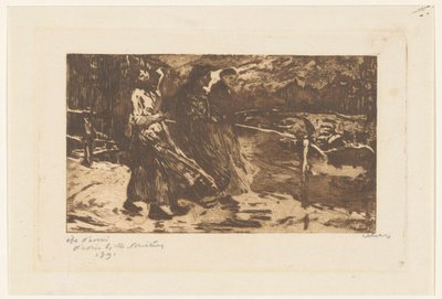 Tre kvinder på en bro i regn og blæst af Willem Witsen (signed by artist)