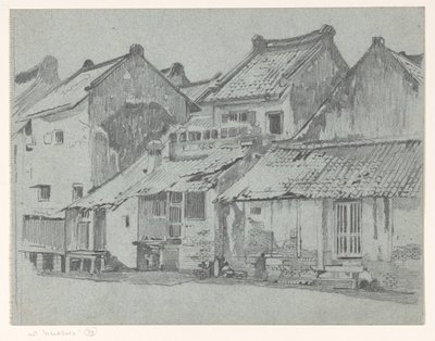 Bagfacader af huse ved en flod i Batavia af Willem Arnoldus Witsen