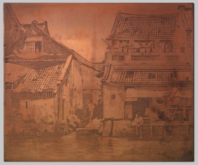 Batavia. Huse på Kali, vaskeri ved trappen til et hus til højre af Willem Arnoldus Witsen