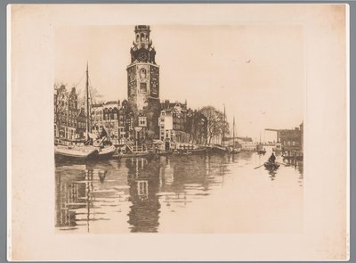 Udsigt over Montelbaanstoren i Amsterdam Gamle Schans med Montelbaanstoren og robåd (original titel) af Willem Arnoldus Witsen