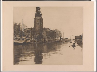 Udsigt over Montelbaanstoren i Amsterdam Gamle Schans med Montelbaanstoren og robåd (original titel) af Willem Arnoldus Witsen