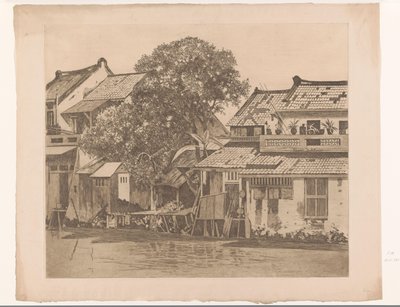 Udsigt over huse ved en flod i Batavia Huse på Kali. Træer mellem husene, Batavia (original titel) af Willem Arnoldus Witsen