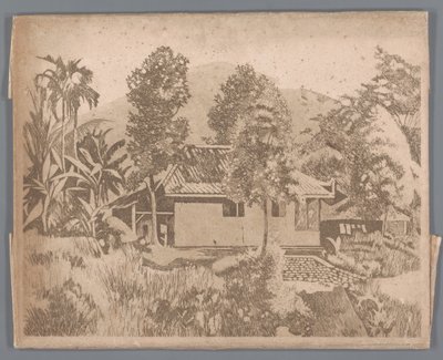 Hus med vulkanen Salak(?) i baggrunden, Buitenzorg af Willem Arnoldus Witsen