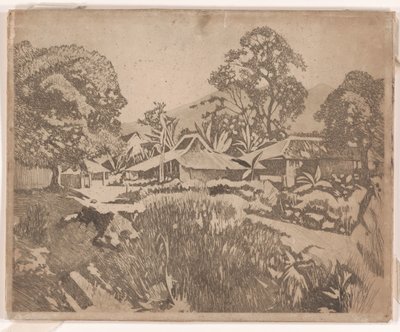 Huse i kampong med vulkanerne Salak og Gedeh i baggrunden, Buitenzorg af Willem Arnoldus Witsen