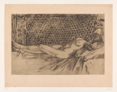 Nøgen ung kvinde liggende på en sofa Nøgen, liggende på ryggen på en sofa, hænderne under hovedet (original titel) af Willem Arnoldus Witsen