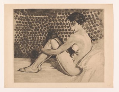 Nøgen ung kvinde med armene om knæene Nøgen, bøjede knæ, siddende på en sofa (original titel) af Willem Arnoldus Witsen