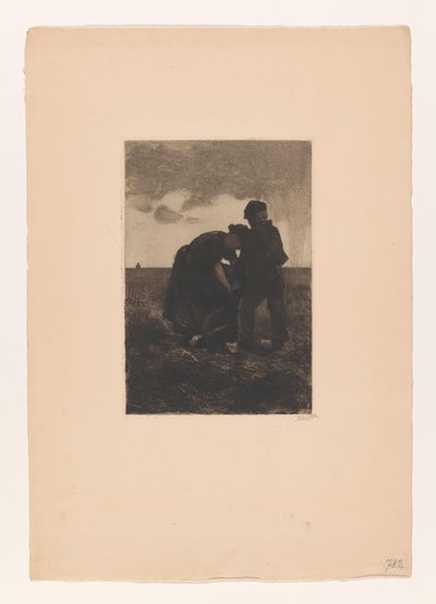 Kvinde og dreng i træsko med en jutepose på banen Kartoffelhøst (original titel) af Willem Arnoldus Witsen
