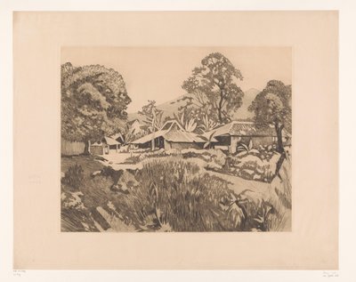 Hjem i Bogor før vulkanerne Salak og Gede Huse i kampong med vulkanerne Salak og Gedeh i baggrunden, Buitenzorg (original titel) af Willem Arnoldus Witsen