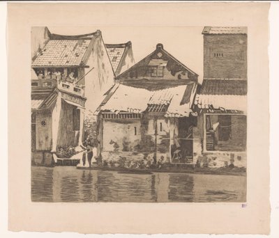 Huse langs en flod i Batavia med en kvinde, der vasker tøj Huse på Kali. Til venstre en gang mellem husene, hvor en voksende kvinde står, Batavia (original titel) af Willem Arnoldus Witsen