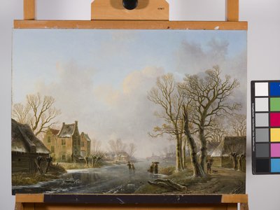 Skatere på en frossen flod, Dordrecht af Willem de Klerk
