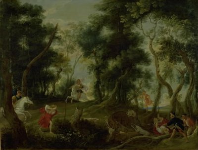 Landskab med Atalanta og Meleager, der jager Calydonian ornen af Willem van Herp