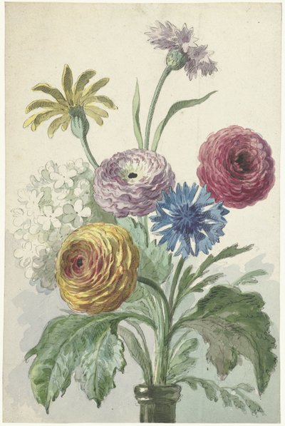 Buket blomster i halsen på en grøn vase af Willem van Leen