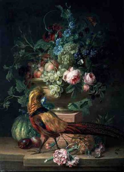 Stilleben med blomster og en fasan (olie på lærred) af Willem van Leen