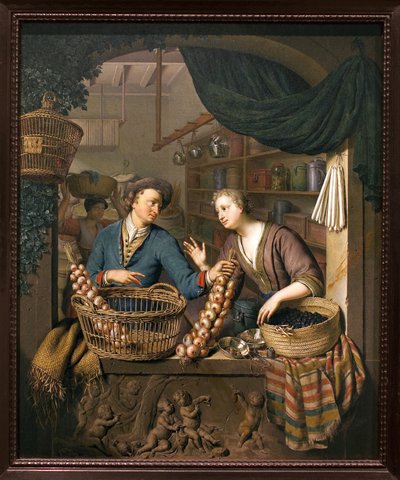 Løg sælger. Maleri af Willem van Mieris (1662-1747), olie på træ af Willem Van Mieris