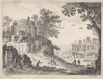 Bygninger langs en vej Italienske landskaber (serietitel) af Willem van Nieulandt (II)