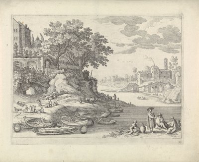 Havn med robåde, figurer og husdyr af Willem van Nieulandt (II)