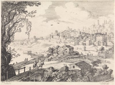 Italiensk landskab med en by Italienske landskaber (serietitel) af Willem van Nieulandt (II)