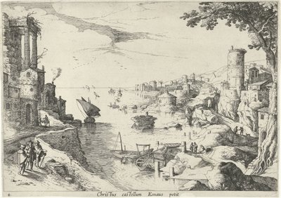 Landskab med Emmaus-rejsende Christ castellum Emaus petit (titel på objekt) Italienske landskaber med bibelske scener (serietitel) af Willem van Nieulandt (II)
