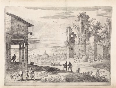 Landskab med den barmhjertige samaritaner på kroen Italienske landskaber (serietitel) af Willem van Nieulandt (II)