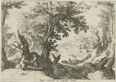 Landskab med Kristi fristelse Satan Christum in solitudine tentat (titel på objekt) Italienske landskaber med bibelske scener (serietitel) af Willem van Nieulandt (II)