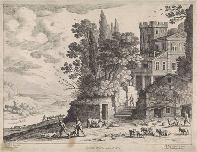 Landskab med hus, figurer og kvæg af Willem van Nieulandt (II)