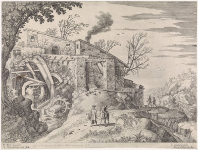 Landskab med en vandmølle og den barmhjertige samaritaner Italienske landskaber (serietitel) af Willem van Nieulandt (II)
