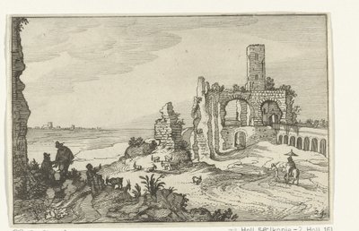 Ruin med buer og et tårn på vandet Romerske ruiner og kystlandskaber (serie 1) (serietitel) af Willem van Nieulandt (II)
