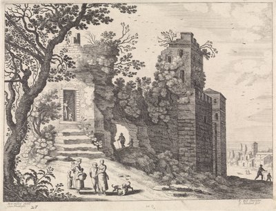 Ruin med en gruppe kvinder og børn Italienske landskaber (serietitel) af Willem van Nieulandt (II)
