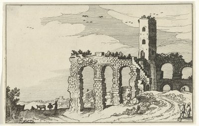 Ruin af akvedukten Romerske ruiner og kystlandskaber (serie 1) (serietitel) af Willem van Nieulandt (II)