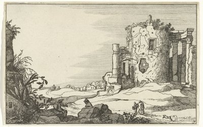 Ruiner af et tempel omgivet af søjler Romerske ruiner og kystlandskaber (serie 1) (serietitel) af Willem van Nieulandt (II)