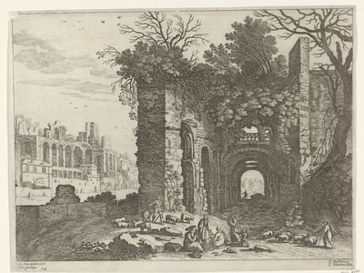 Hvilende familie foran en ruin Italienske landskaber (serietitel) af Willem van Nieulandt (II)