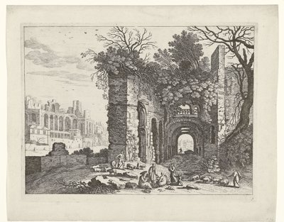 Hvilende familie foran en ruin Italienske landskaber (serietitel) af Willem van Nieulandt (II)