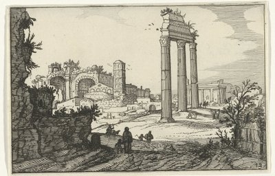 Castor og Pollux-templet og Konstantinbasilikaen Romerske ruiner og kystlandskaber (serie 1) (serietitel) af Willem van Nieulandt (II)