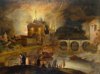 Castel Sant Angelo, Rom, med byfolk, der ser et fyrværkeri om natten (olie på panel) af Willem van Nieulandt