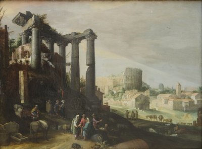 Landskab med udsigt over Campo Vaccino i Rom af Willem van Nieulandt d.Y.