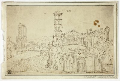 Udsigt i Rom: Torre della Melisa, ruiner af en tidlig kristen kirke af Willem van Nieuwlandt II