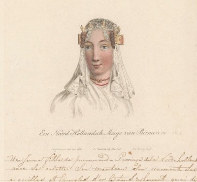 Hovedbeklædning af en pige fra Purmerend, 1816 En nordhollandsk pige fra Purmerend / Une Jeune fille de purmerend - Province dela Nord-Hollande avec sa calotte son manteau son ornament ses aiguilles et epingles d