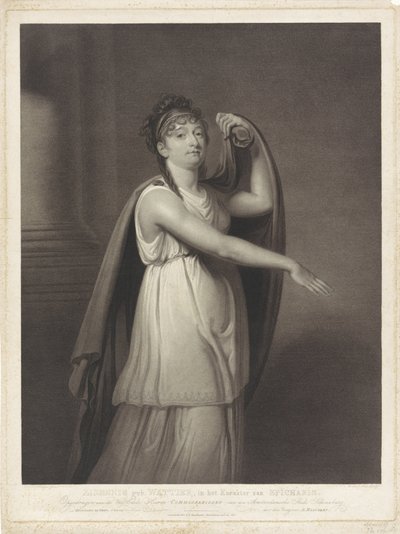 Portræt af Johanna Cornelia Ziesenis-Wattier Ziesenis f. Wattier, i Epicharis karakter (titel på objekt) af Willem van Senus