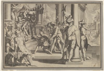 Allegory of Justice Sanctity of the Law med en retsscene, der forestiller en mand, der bliver benådet..., 1605. af Willem van Swanenburg