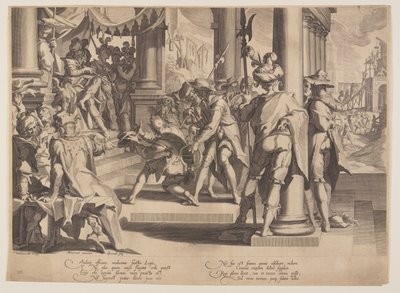 Retfærdighedens allegori, lovens hellighed, planche 12 fra Retfærdighedens troner (Thronus Iustitiae) af Willem van Swanenburgh