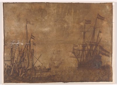 Skibe ved et havnehoved af Willem van de Velde (I)
